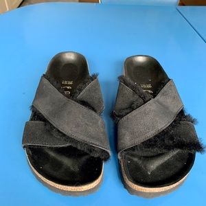 Black shearling Birkenstock sandals, 7.5